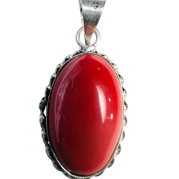 Red Coral Oval 925 Pendant on Necklace Choker Torque 925 Twisted Collar - Picture 3 of 6